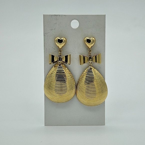 Gold Tone Heart Bow Dangle Teardrop Earrings 2" Drop Super Cute F15 - Picture 2 of 6